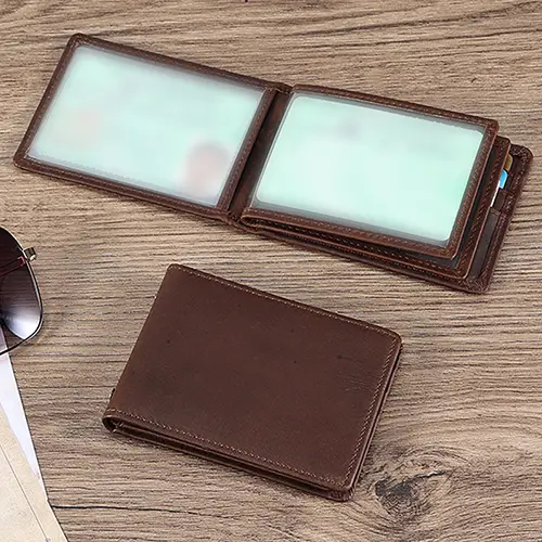 Slim Leather Wallet with Transparent ID Display